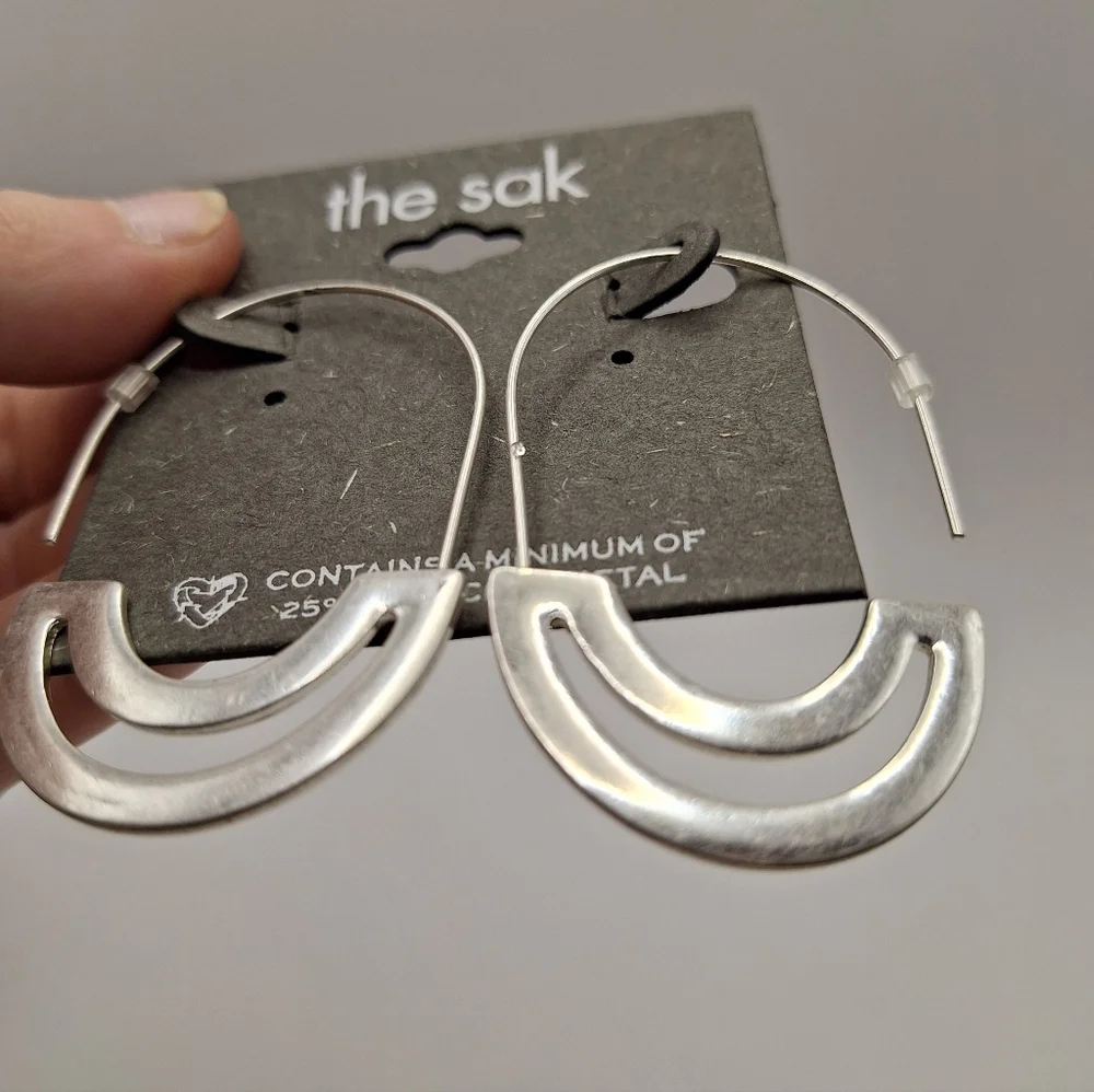 The Sak Silver Hoop Earrings | Modern Half Moon Dangle Hoops | Minimalist Style